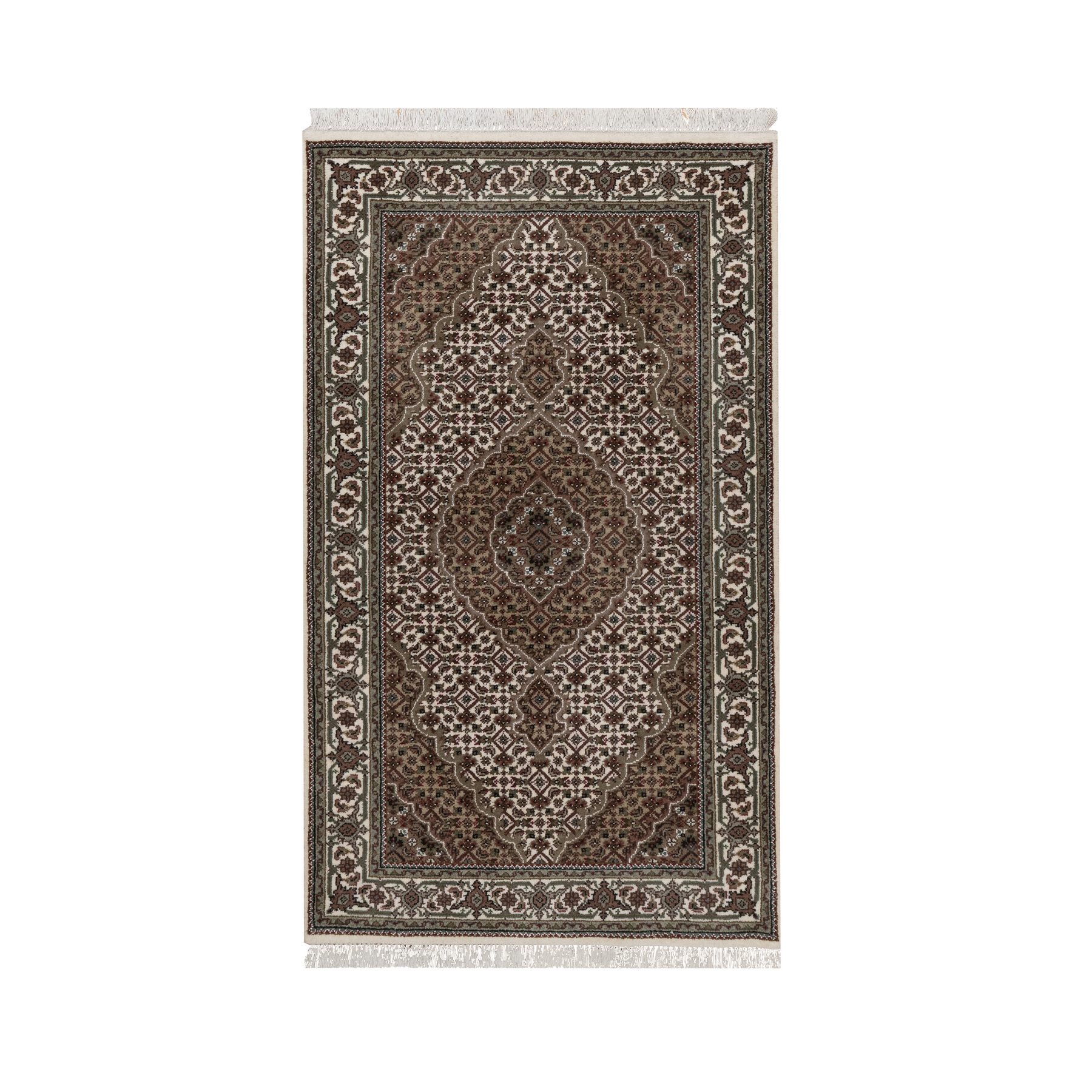 Pearl White, Tabriz Mahi with Fish Medallion Design, 100% Wool, Hand Knotted, 175 KPSI, Oriental Rug